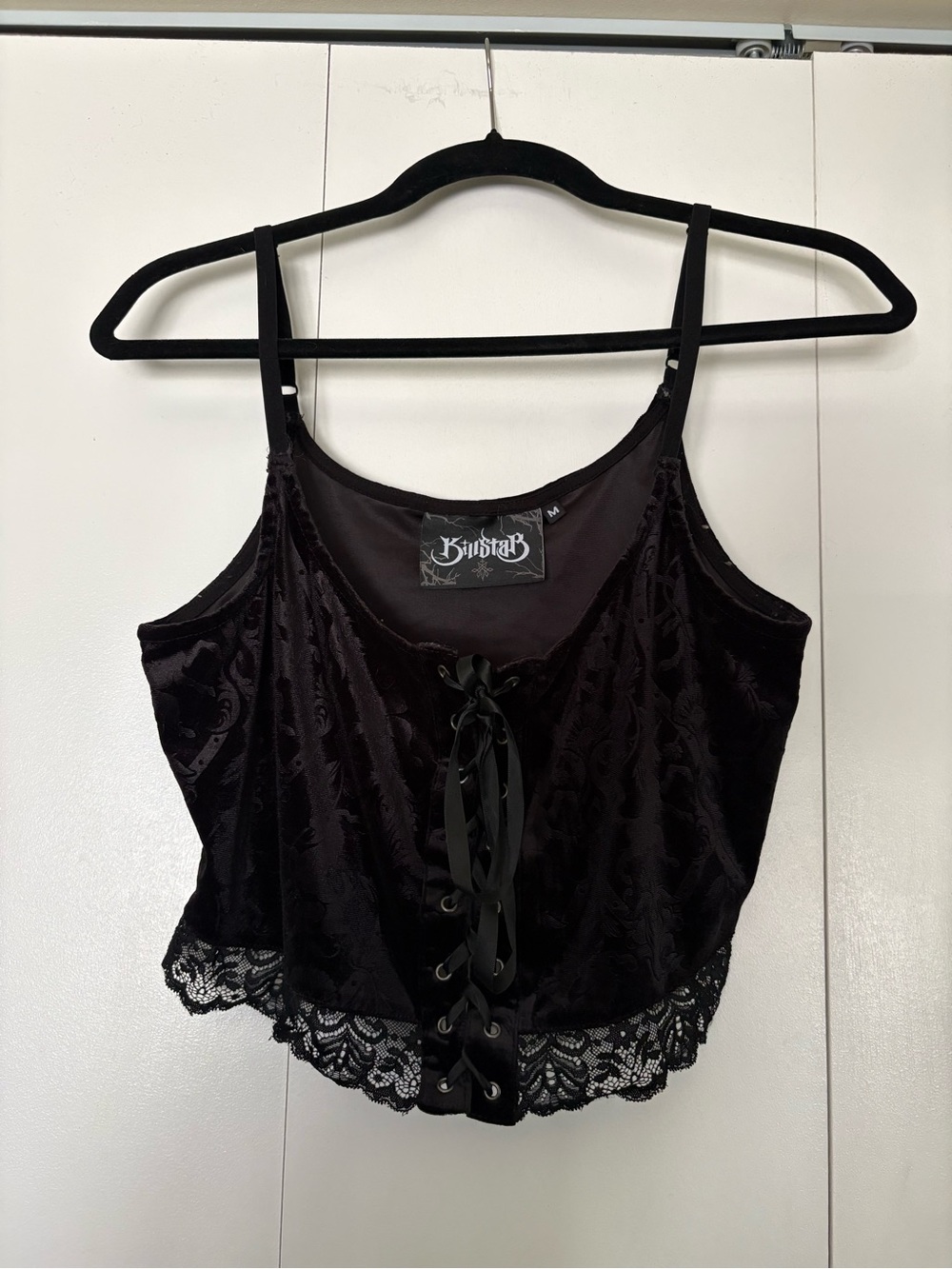 Killstar Black Lace-Up Velvet Sleeveless Crop Top with Lace Trim